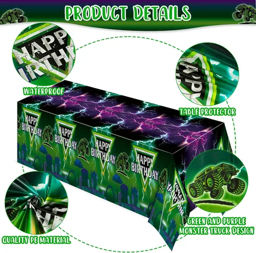 Miniatura 3 de Manteles de camión monstruo verde y morado – Funda rectangular desechable para baby shower, fiesta de cumpleaños de niños, decoración de mesa