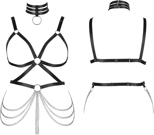 Miniatura 2 de Arnés de cuerpo de talla grande para mujer y niña, cadena de metal hueca completa, brasier de jaula, medias de liga, ropa gótica rave