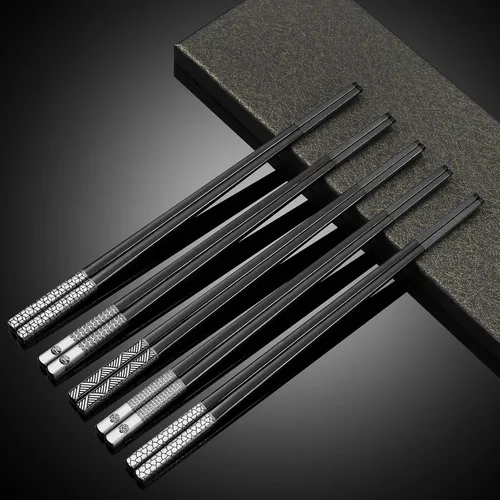 Miniatura 7 de Juego de palillos de acero inoxidable, 5 pares de palillos de metal reutilizables 18/8 aptos para lavavajillas, puntas antideslizantes grabadas