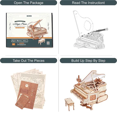 Miniatura 9 de ROKR Rompecabezas de madera 3D para adultos, 223 piezas, kit de modelo de piano a escala 1:20, rompecabezas de construcción, caja de música