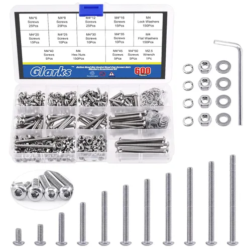 Miniatura 9 de Glarks 1021 tornillos de cabeza de botón M2 304 de acero inoxidable hexagonal, tornillos y tuercas arandelas kit surtido con llave hexagonal