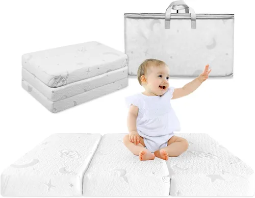 Tri-fold Pack and Play Mattress, 38x26 Memory Foam & High Density Foam Baby Mattress for Pack N Play, Foldable Travel Pack N Play Mattresses