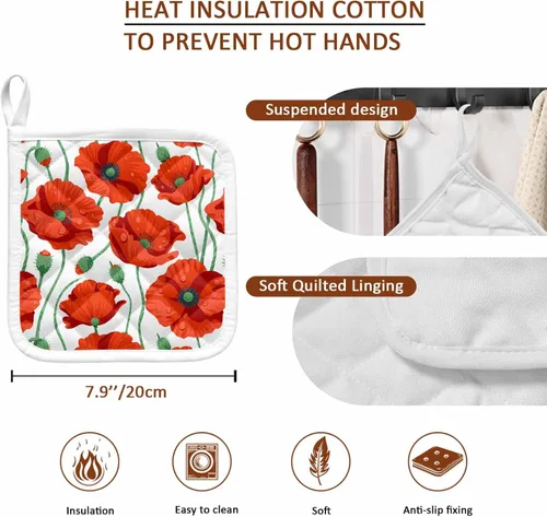 Miniatura 9 de Paquete de 2 soportes para ollas para cocina, flores de amapola naranja, a prueba de calor, con lazo para colgar, soportes para ollas calientes