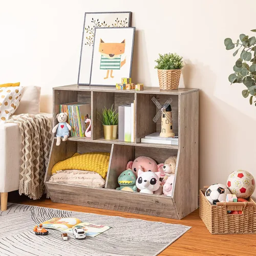 Miniatura 5 de HOOBRO Estantería para niños, estantería con cabecera, cubo de almacenamiento de juguetes, estantería para juguetes de niños, gabinete