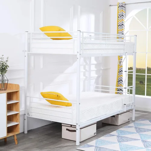 Miniatura 7 de Bonnlo Litera de metal individual sobre individual con escalera y rieles de seguridad, fácil montaje, marco de cama resistente para niños, Blanco