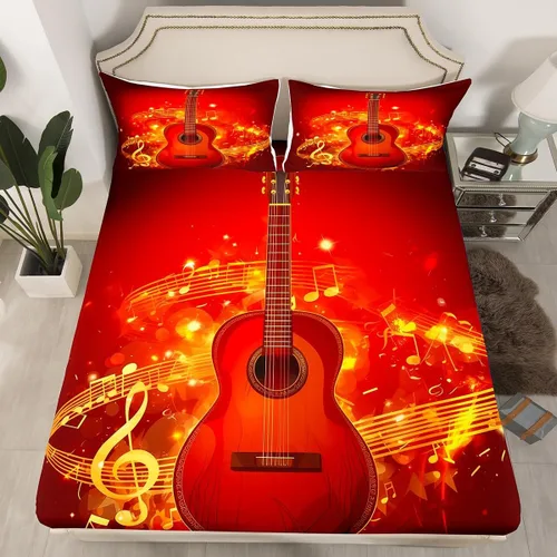 Miniatura 9 de Erosebridal Juego de sábanas de tamaño individual con temática musical, con estampado de notas musicales, juego de cama ajustable en blanco y negro