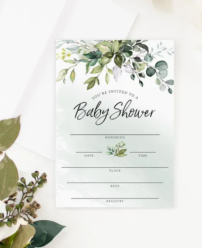 Miniatura 2 de Printed Party Invitaciones y sobres para baby shower, eucalipto verde, juego de 30