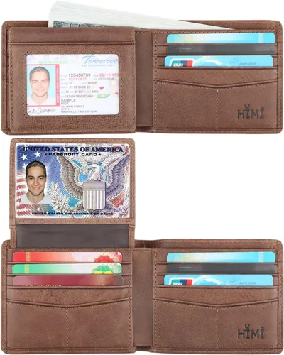 Miniatura 43 de HIMI - Cartera elegante de cuero auténtico para hombre, con bloqueo de interferencia de radiofrecuencia (RFID), con 2 ventanas para identificación