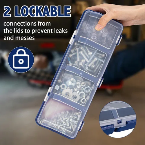 Miniatura 3 de Hushee Caja organizadora de tornillos de 4 piezas con tapa, 4 compartimentos, organizador de piezas pequeñas, de plástico, apilable, tuercas y Azul