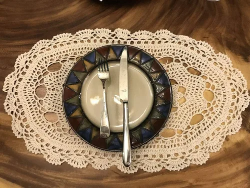 Miniatura 2 de Pasillos de ganchillo hechos a mano beige de algodón, tapetes de encaje ovalados para dormitorios, 12 x 20 pulgadas.