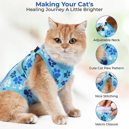 Miniatura 2 de Traje de recuperación para gatos: Traje de poscirugía azul suave para gatos con diseño de huella de pata - Traje de recuperación elástico
