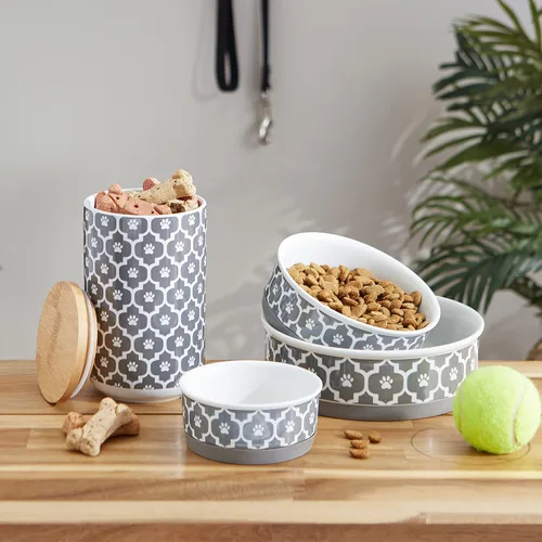 Miniatura 10 de Taza para mascotas Bone Dry con diseño de pata en cerámica, colección Lattice, juego mediano, 6x2 pulgadas, gris, 2