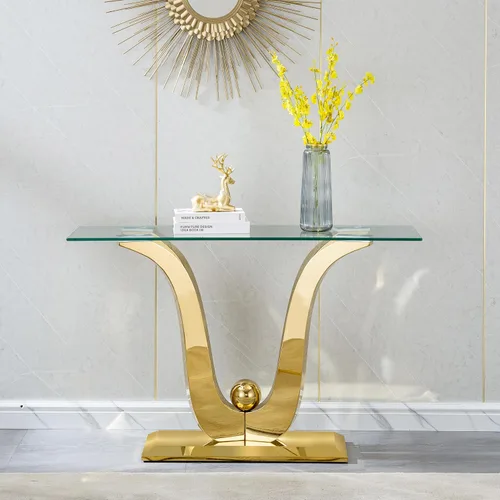 Miniatura 34 de Mesa de centro de cristal de lujo, mesa de centro de sofá de 47 pulgadas con marco de acero inoxidable dorado y parte superior de vidrio negro, mesa