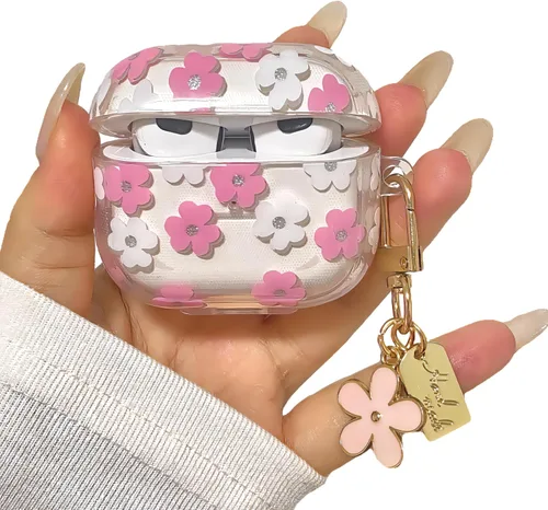 Bonita funda compatible con AirPods 3 2021, diseño de patrón floral de dibujos animados para mujeres y niñas, funda protectora de silicona suave a