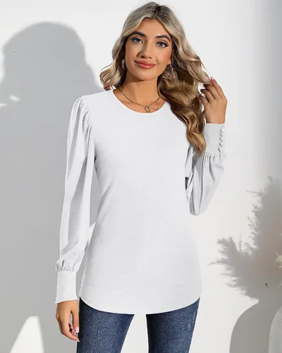 Miniatura 3 de Riyiper 2 piezas de camisetas de manga larga abombadas para mujer, estilo casual, holgadas, cuello redondo, puños con botón