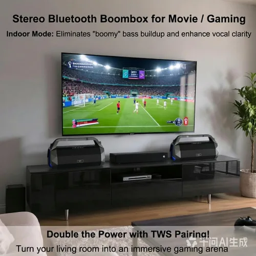 Miniatura 7 de Boombox para exteriores de 120 W, altavoz Bluetooth portátil impermeable con TWS, graves fuertes, correa y mango incorporados, tiempo