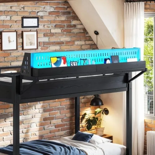 Miniatura 6 de Bellemave Twin XL Bunk Bed Frame with Storage Shelves & Pegboard, Metal Bunk Bed Twin XL with USB Ports & LED Lights, Space-Saving for Bedroom
