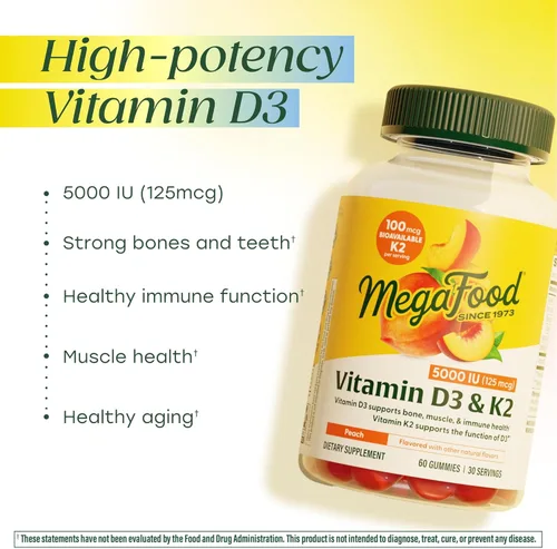 Miniatura 3 de MegaFood Gomitas de vitamina D3 K2 – Vitamina D 5000 UI para la salud ósea e inmunológica más apoyo para una absorción óptima de calcio – Sabor a