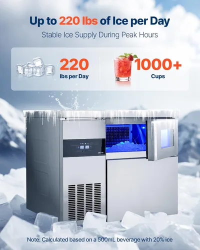 Miniatura 4 de VEVOR Máquina comercial para hacer hielo, máquina de hielo de acero inoxidable de 220 libras/24 horas con encimera, almacenamiento de 66 libras