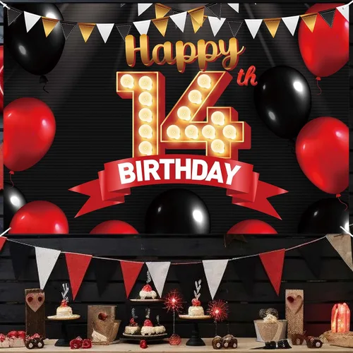 Miniatura 6 de FlagY-Bn-14 - Cartel de feliz cumpleaños número 14, decoración de pancarta negra, telón de fondo dorado, globos rojos y negros, decoración temática