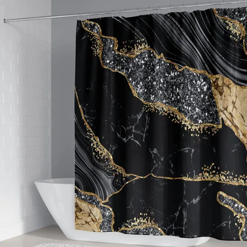 Miniatura 2 de Juego de 4 piezas de cortinas de ducha de mármol, juegos de baño modernos con cortinas de ducha, alfombra para tapa de inodoro, tapete de contorno