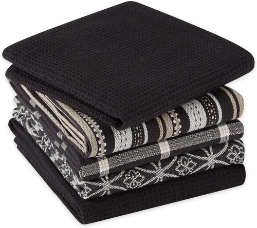 Miniatura 3 de DII Juego de cocina tejido surtido, toalla de cocina, 18 x 28 pulgadas, paño de cocina, 13 x 13 pulgadas, color negro, 5 piezas