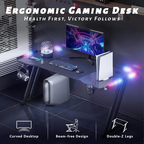 Miniatura 5 de HLDIRECT Escritorio para juegos de 47 pulgadas con luces LED, mesa grande de escritorio RGB para computadora con soporte para tazas, gancho