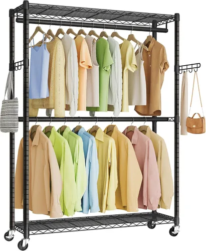 Miniatura 9 de SONGMICS ULGR418BH01 - Perchero de ropa con ruedas rodantes, con estantes de malla ajustables y rieles para colgar, ganchos, 15.8 x 35.4 x 78.3