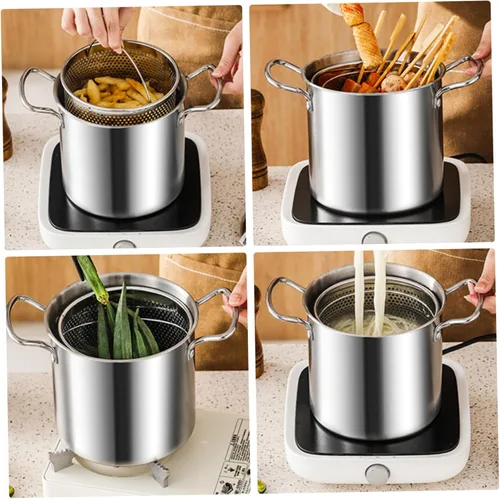 Miniatura 3 de Olla para freír con cesta, olla de 3.5 litros de acero inoxidable pequeña freidora profunda con mango antiquemaduras olla de pescado y cesta