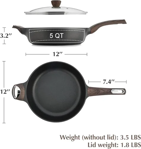 Miniatura 7 de SENSARTE Sartén antiadherente con tapa, sartén profunda grande de 12 pulgadas, sartén antiadherente de 5 cuartos de galón con tapa, sartén de Negro
