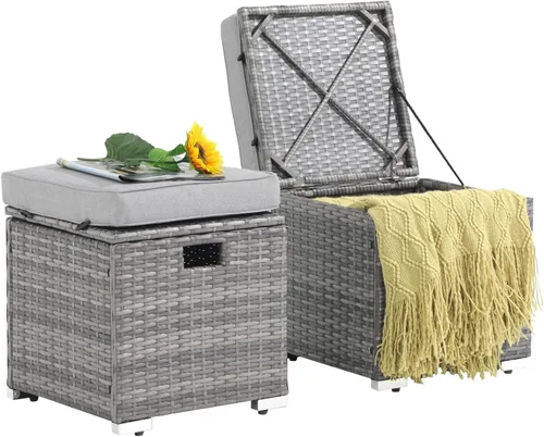 Miniatura 11 de Patiorama Otomanas de mimbre de ratán de polietileno marrón con almacenamiento, reposapiés para exteriores con cojín grueso, asa integrada para Beige