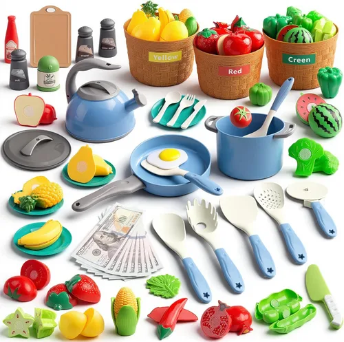 Miniatura 15 de Juego de 90 accesorios de cocina, cocina de simulación con ollas, sartenes, utensilios de cocina, alimentos, frutas, verduras, cestas de Rosa