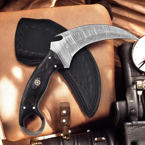 Poshland Cuchillo Karambit de acero de Damasco hecho a mano de 9.5 pulgadas, hoja fija de espiga completa | Cuchillo afilado para exteriores,