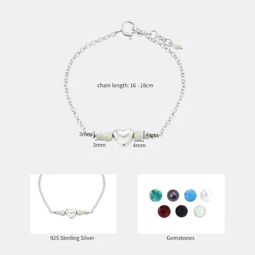 Miniatura 17 de 925 Sterling Silver Gemstone Bracelet - 3mm Gemstone Round Beads with Heart Silver Charm - 16-18cm Length - Gemstone Jewelry for Women - Perfect for