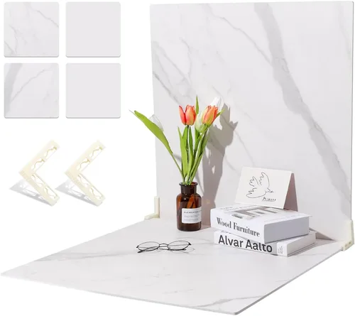 Miniatura 9 de BEIYANG Telones de fondo de fotografía de alimentos de 24 x 24 pulgadas, tableros de fondo de fotos de mármol blanco con 3 kits de soporte, tablero