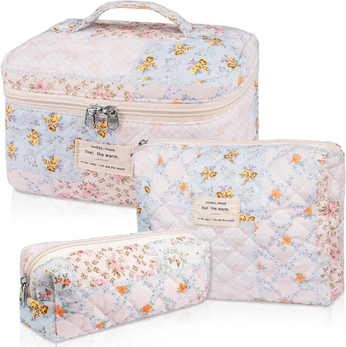 Miniatura 18 de Set de bolsas de maquillaje, bolsa de maquillaje acolchada, bolsa de cosméticos floral grande para mujeres, lindas bolsas de maquillaje de algodón