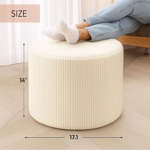 Miniatura 2 de Taburete otomano de pana blanca – Reposapiés de tela de pana boucle texturizado con espuma suave, puf redondo ligero para sala de estar acogedora