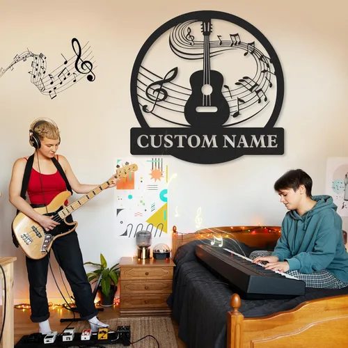 Miniatura 2 de Letrero de metal personalizado de guitarra, letreros de metal personalizados, decoración de pared de notas musicales, arte de pared divertido