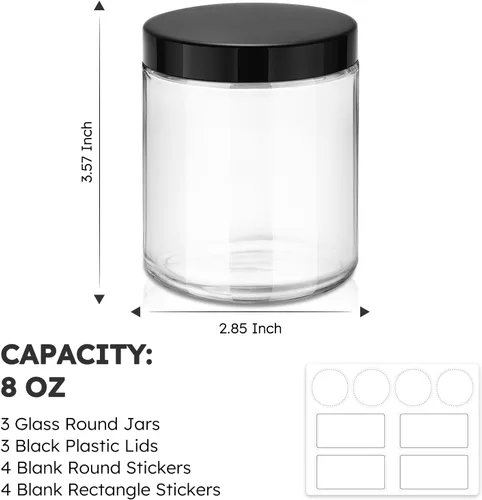 Miniatura 3 de Tecohouse Tarros de Vidrio de 8 onzas con Tapas, Juego de 3 Tarros para Velas con Etiquetas en Blanco, Vidrio Transparente de 250g, Boca Ancha