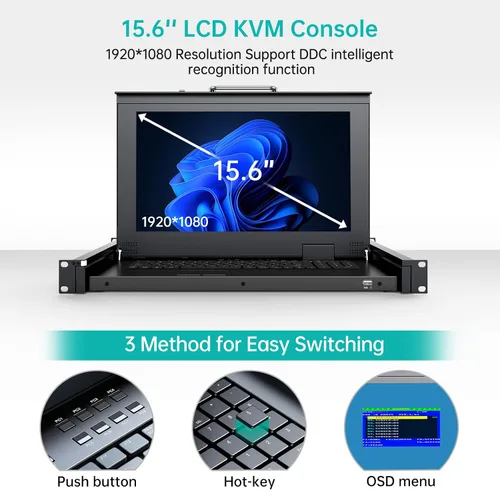 Miniatura 3 de MT-VIKI Consola KVM HDMI de 8 puertos, consola KVM de montaje en rack 1U con monitor LCD de 15.6 pulgadas, panel táctil integrado de profundidad