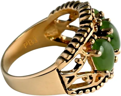 Miniatura 2 de PalmBeach - Anillo de 3 piedras de jade verde genuino chapado en oro amarillo antiguo con forma ovalada, tallas 5-10