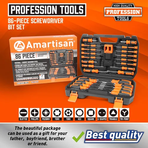 Miniatura 2 de Amartisan Juego de destornilladores magnéticos de 86 piezas con estuche, incluye destornilladores ranurados, Phillips, hexagonales, Pozidriv, Torx