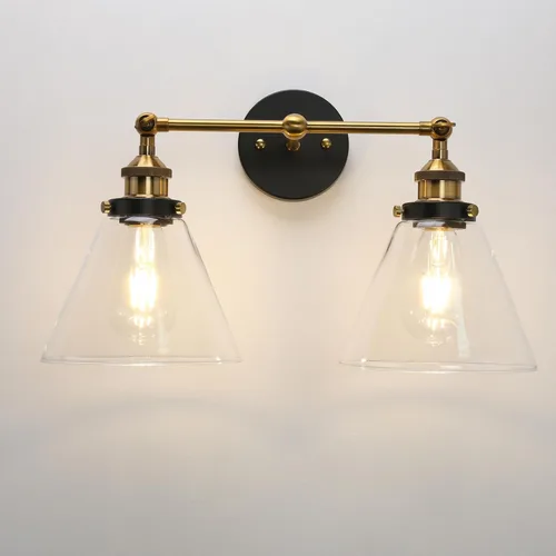 Miniatura 12 de PERMO Aplique doble cromado industrial de 2 luces, apliques de pared con pantalla de vidrio transparente acampanada en forma de embudo, luz