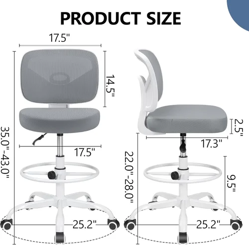 Miniatura 3 de Primy Silla de escritorio alta sin brazos, altura ajustable y reposapiés, silla ergonómica de escritorio de pie con respaldo medio, silla alta