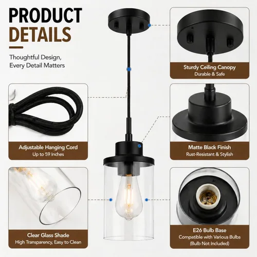 Miniatura 6 de Moderna Lámpara Colgante de Granja Negra de Vidrio Transparente Cilíndrico, Iluminación Colgante de Metal Industrial Mini para Isla de Cocina, Mesa