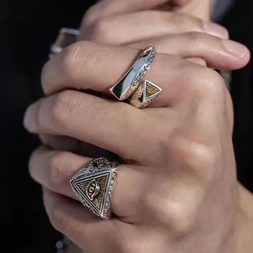 Miniatura 2 de Anillo de ojo de Dios abierto para hombres y mujeres, ajustable, vintage, ojo de Horus, triangular, negro, plata, grabado ojo de ver, anillo