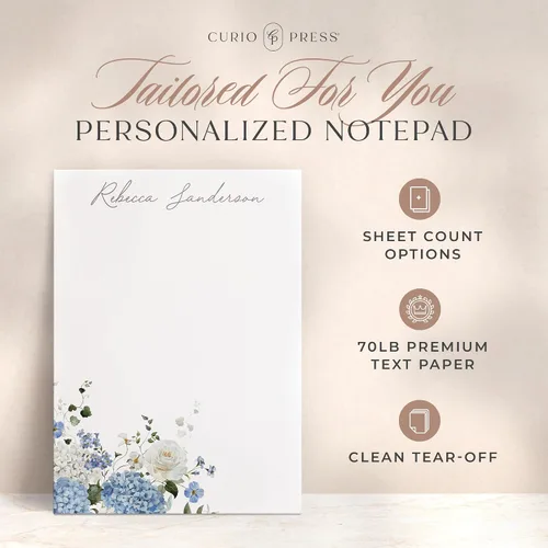 Miniatura 2 de Bloc de notas de papelería personalizado para mujer, bloc de notas personalizado con nombre, flores azul marino con fuente de guión, bloc de notas