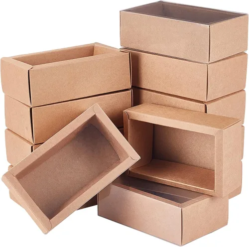 BENECREAT Paquete de 12 cajas rectangulares de papel kraft de 7 x 5 x 1.5 pulgadas con ventana de plástico de PVC para regalos de fiesta, dulces y