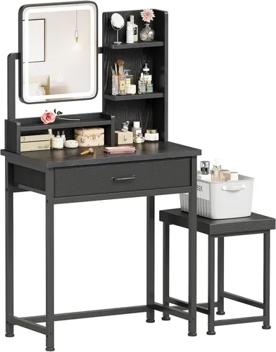 YeTom Escritorio de maquillaje con espejo y luces, tocador pequeño con cajón de almacenamiento de tela, estantes y mesa auxiliar, tocador de Negro