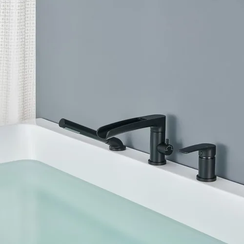 Miniatura 8 de Wowkk Grifo de Bañera Cascada de Bañera Romana Negro Montaje en Cubierta Grifos de Bañera de Latón Relleno de Bañera Grifos de Baño con Ducha de Mano